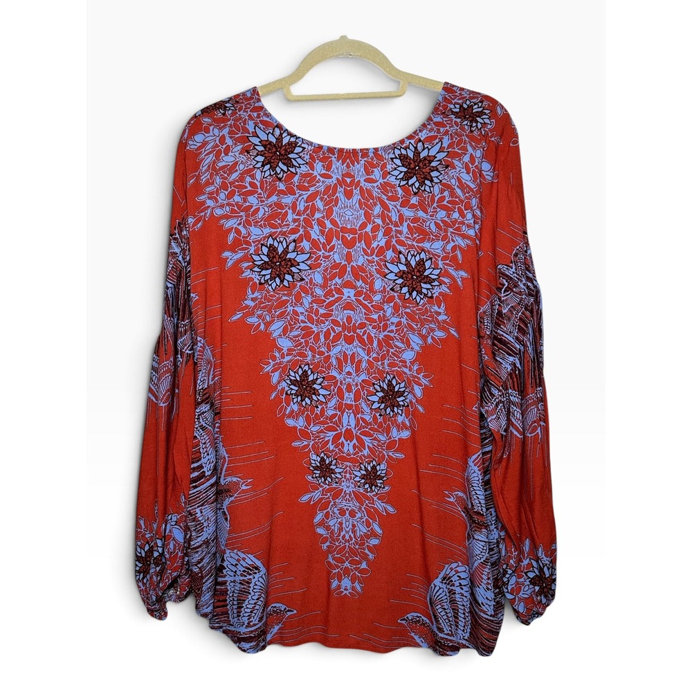 Free People Boho Festival Bird Floral Print Long Balloon Sleeve Blouse Size S - Picture 2 of 6